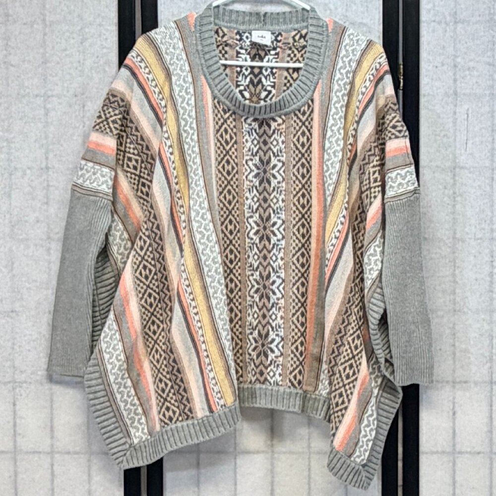 Cabi Oversize Fair Isle Stripe Poncho Serape Sweater S Open Side Long Sleeve Top